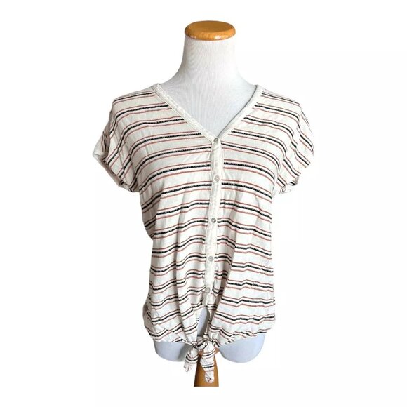 Lucky Brand Short Sleeved Tie Stripped Casual Shirt - Size L - Picture 1 of 8